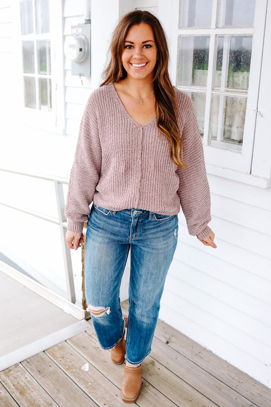 Ezra V Neck Metallic Sweater - Mauve