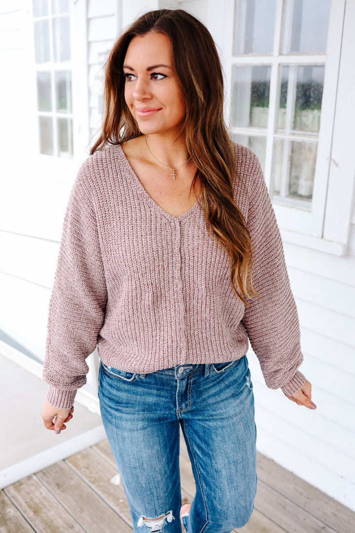 Ezra V Neck Metallic Sweater - Mauve