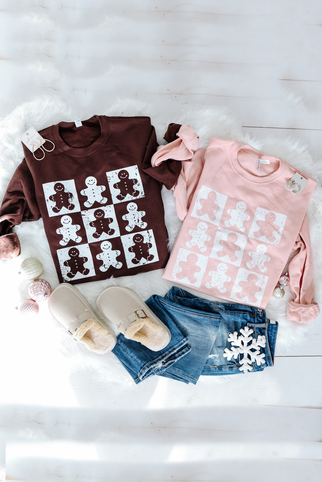 Checkered Gingerbread Man Crewneck Sweatshirt - Blush Pink