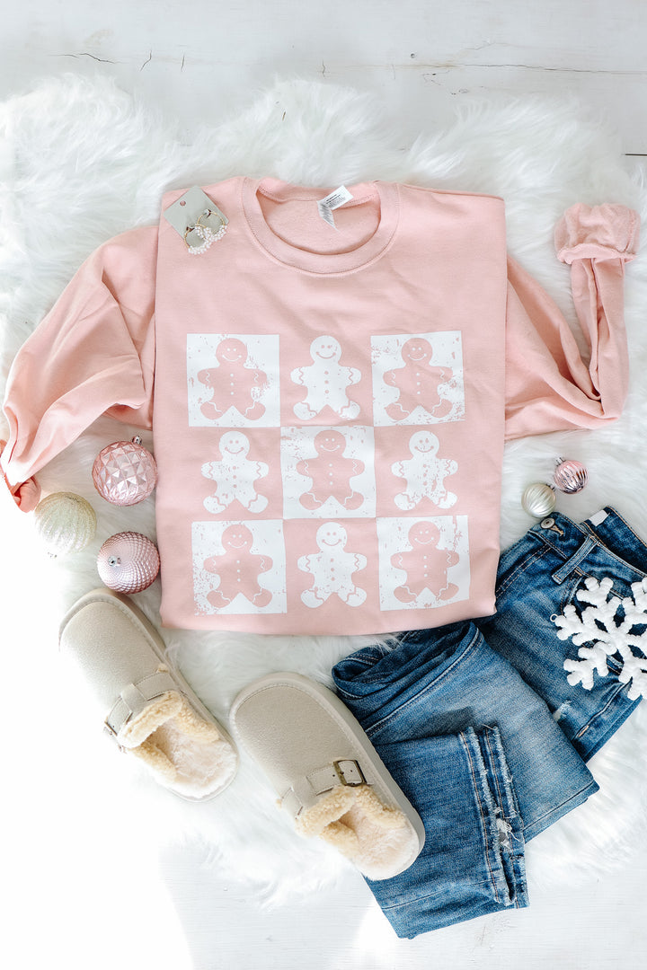 Checkered Gingerbread Man Crewneck Sweatshirt - Blush Pink