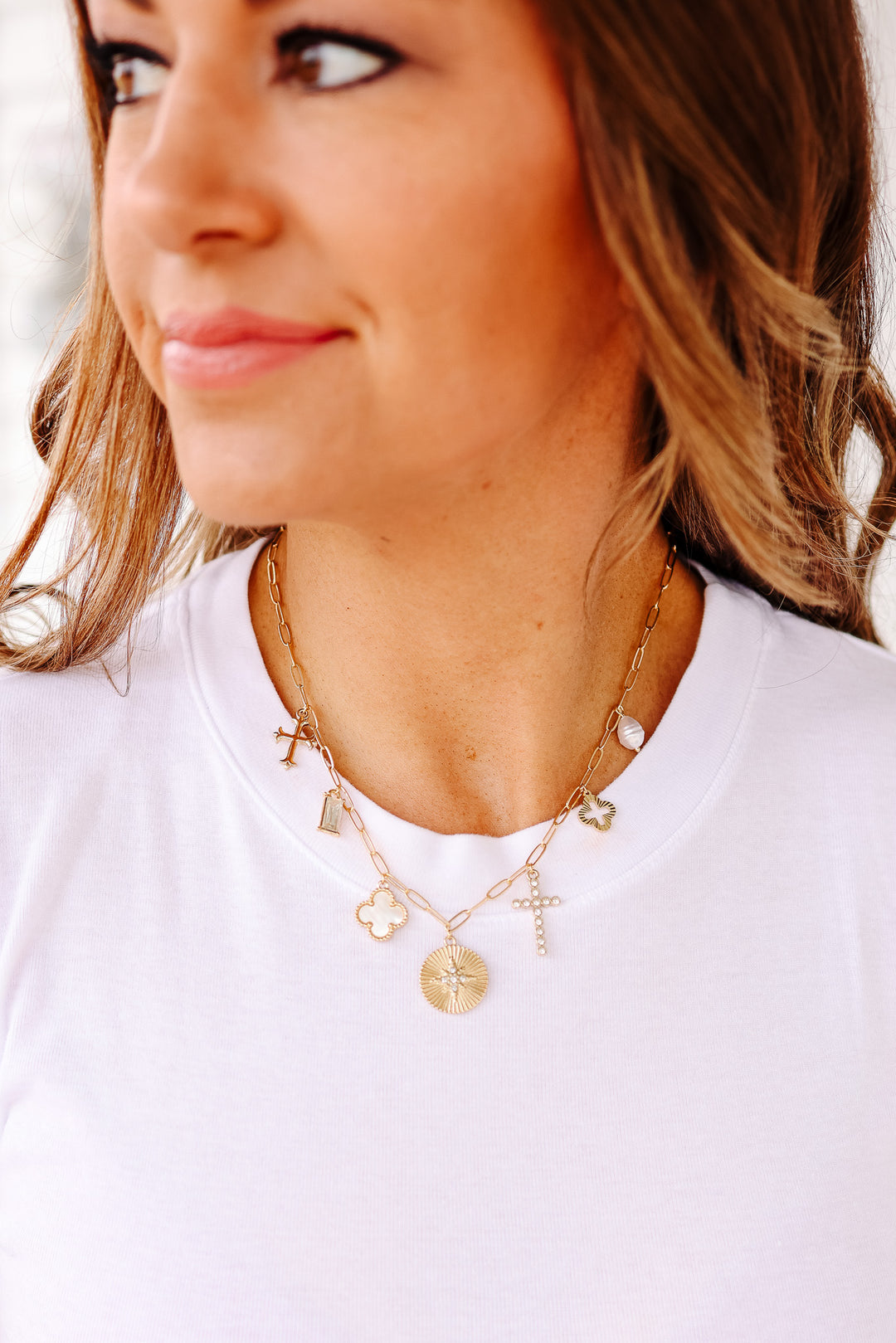 Emilya Cross, Clover, & Pearl Charm Necklace