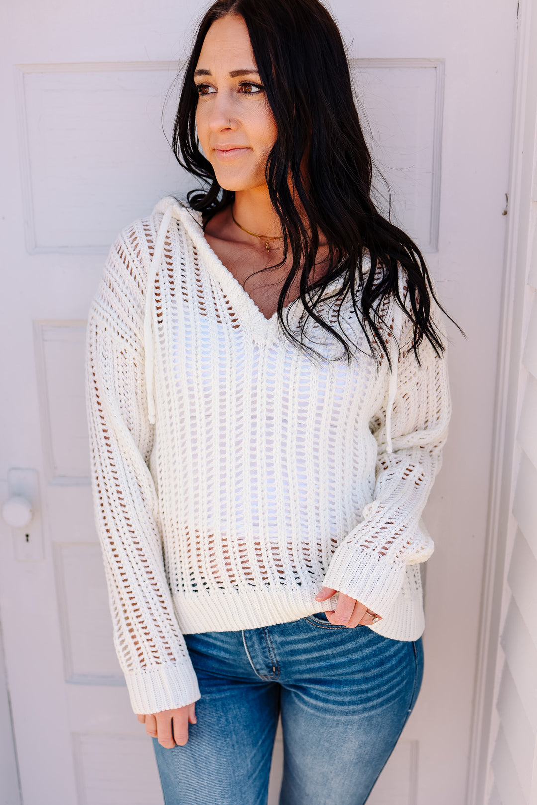 Tessa Open-Knit Hooded Sweater - Cream