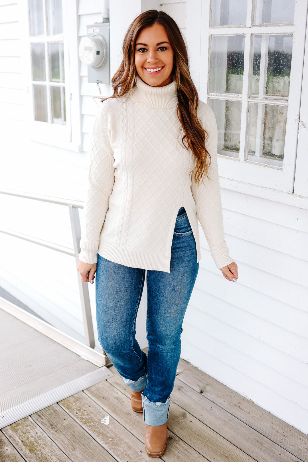 Lena Split Hem Turtle Neck - Cream