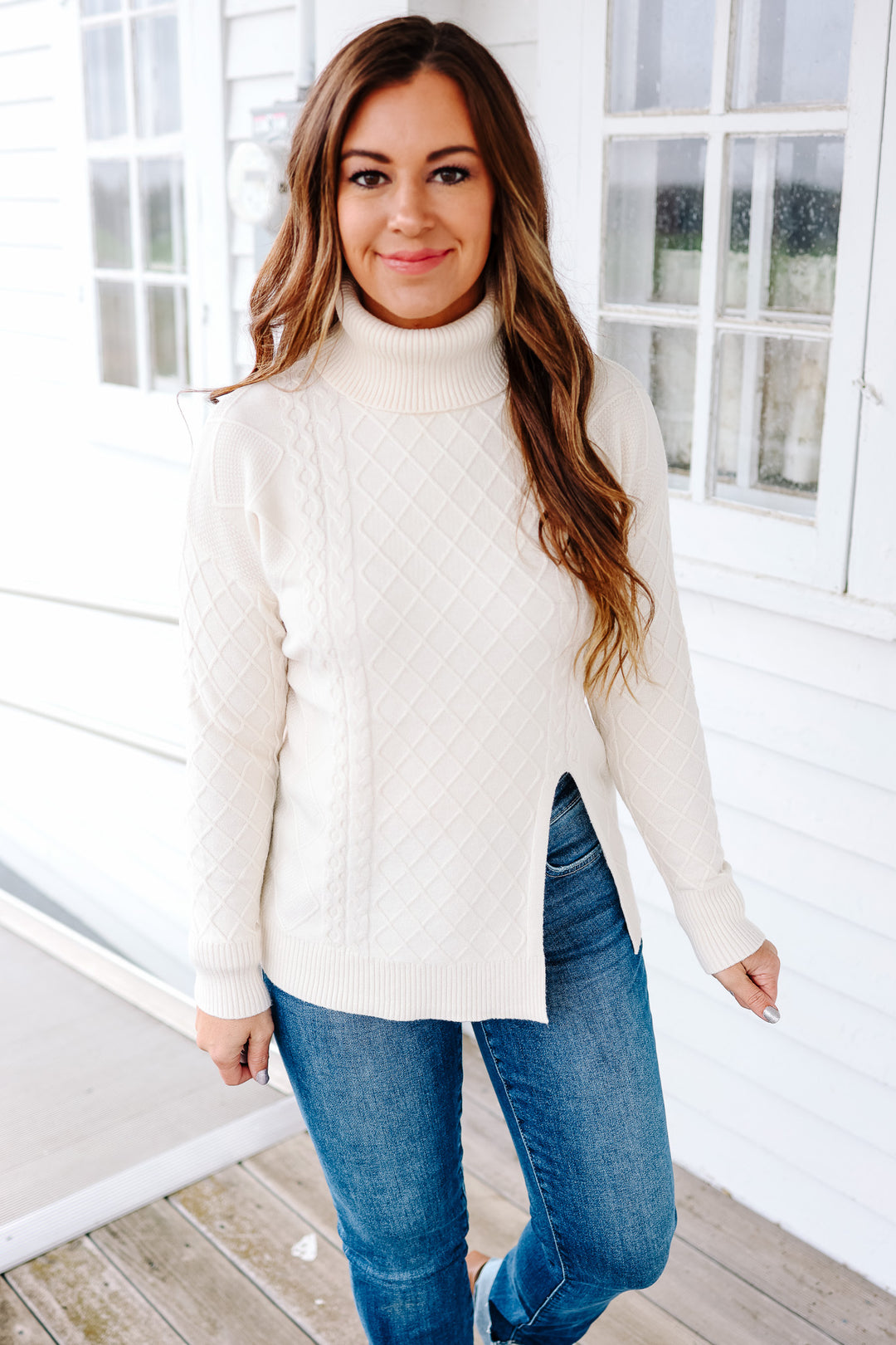 Lena Split Hem Turtle Neck - Cream