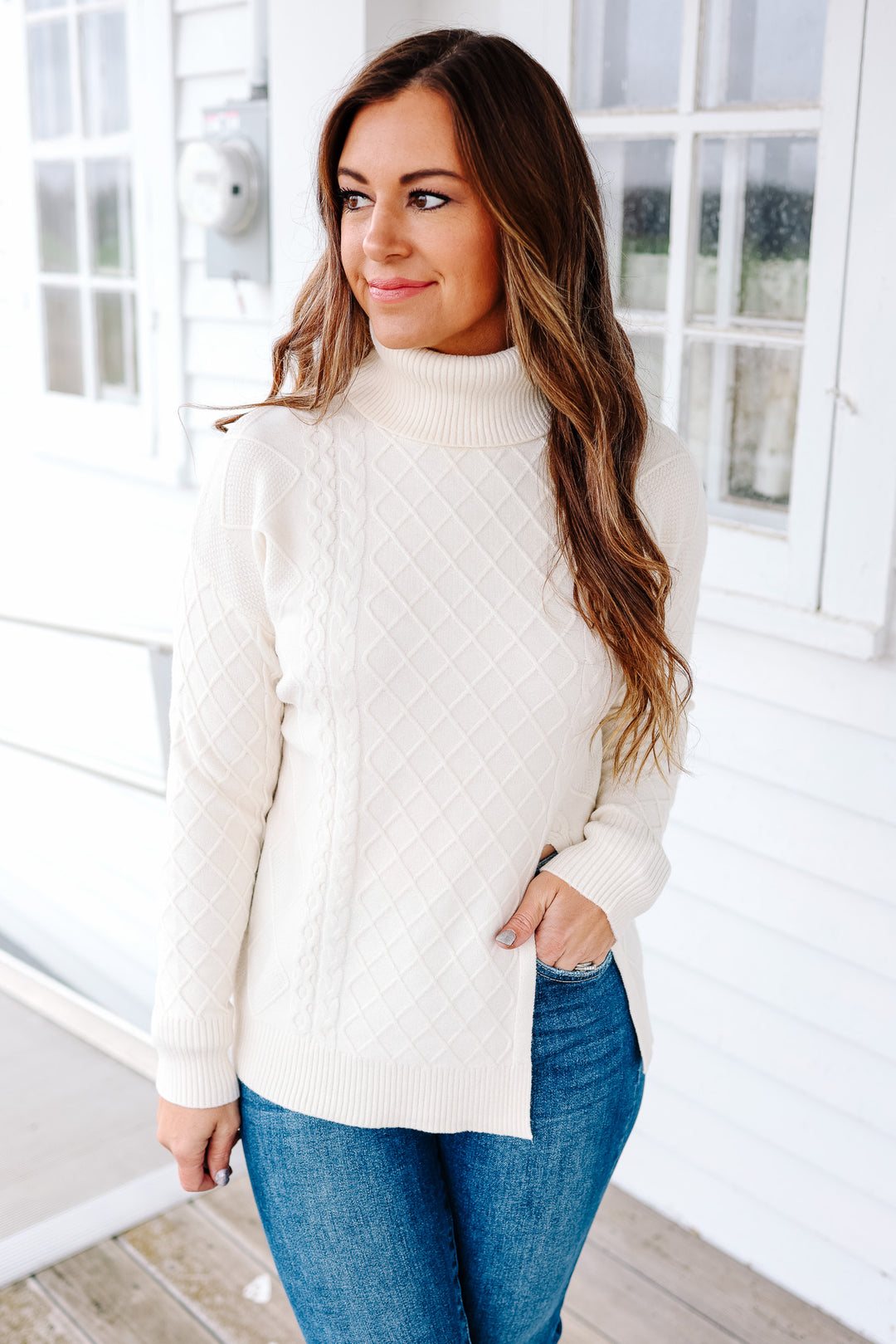 Lena Split Hem Turtle Neck - Cream