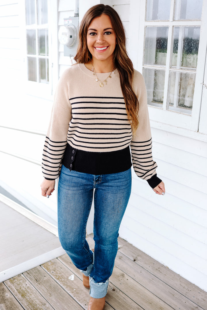 Alora Buttoned Stripe Sweater - Black