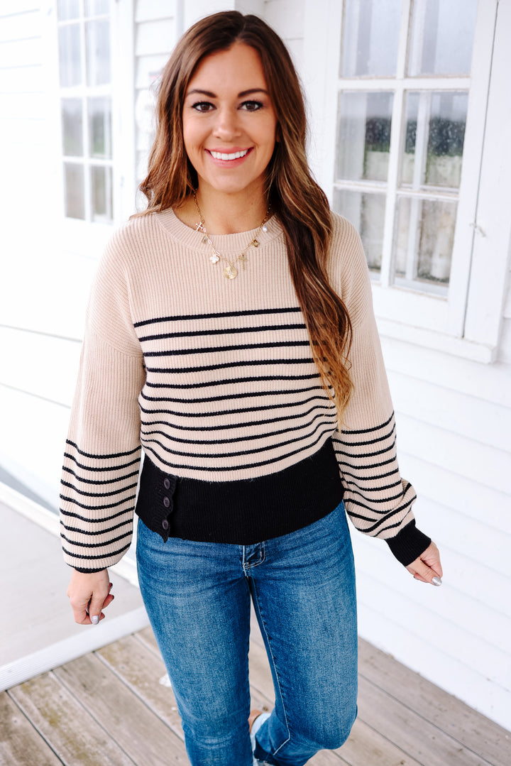 Alora Buttoned Stripe Sweater - Black