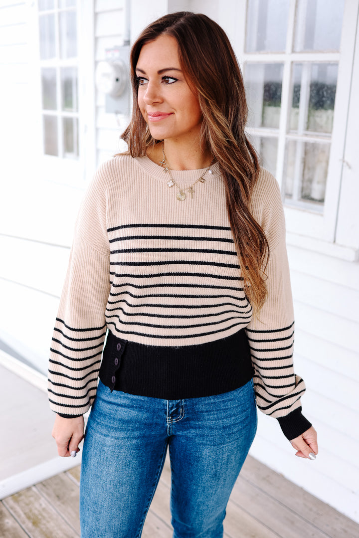 Alora Buttoned Stripe Sweater - Black