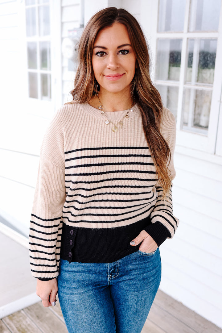 Alora Buttoned Stripe Sweater - Black