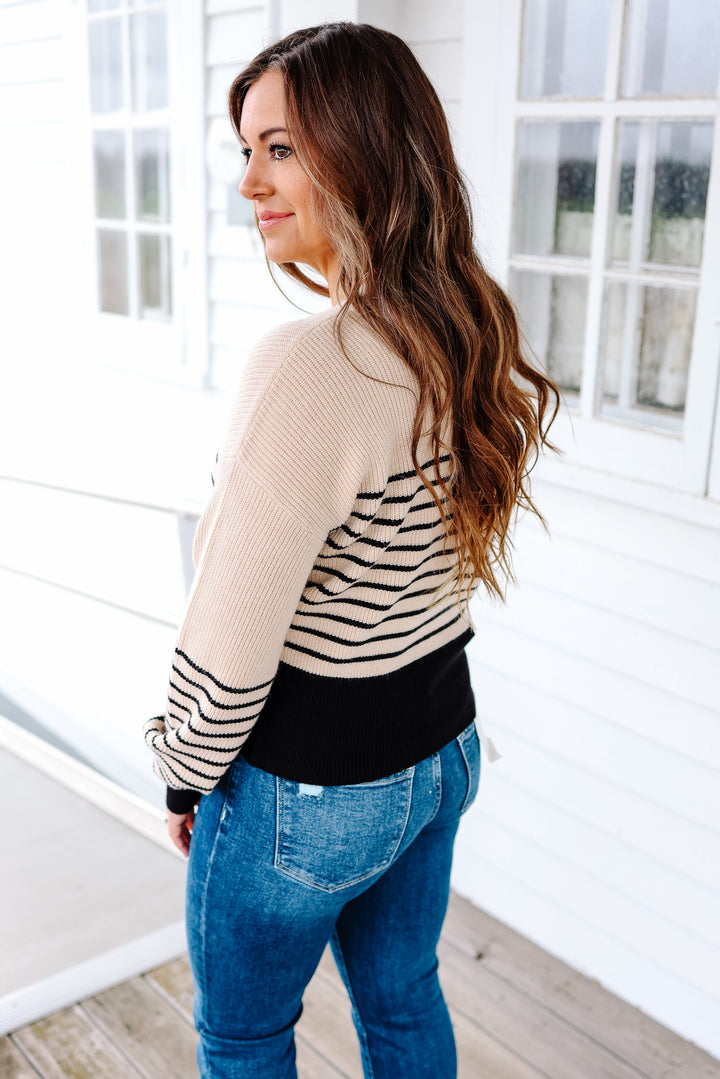 Alora Buttoned Stripe Sweater - Black