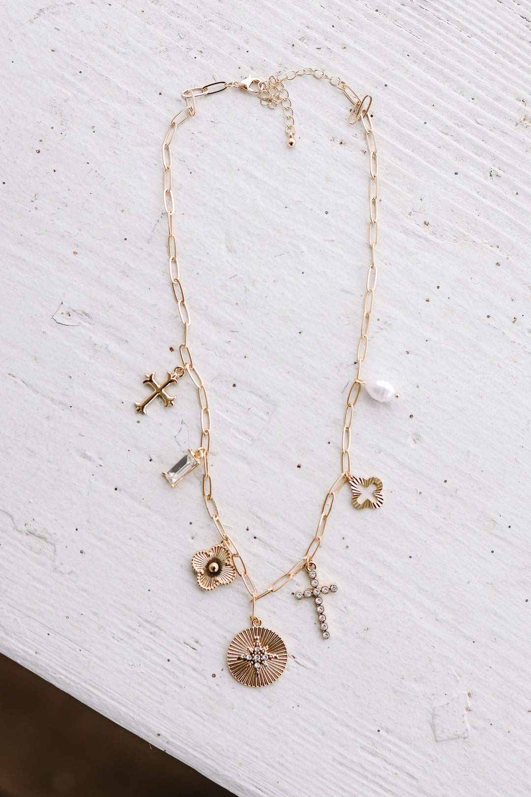 Emilya Cross, Clover, & Pearl Charm Necklace