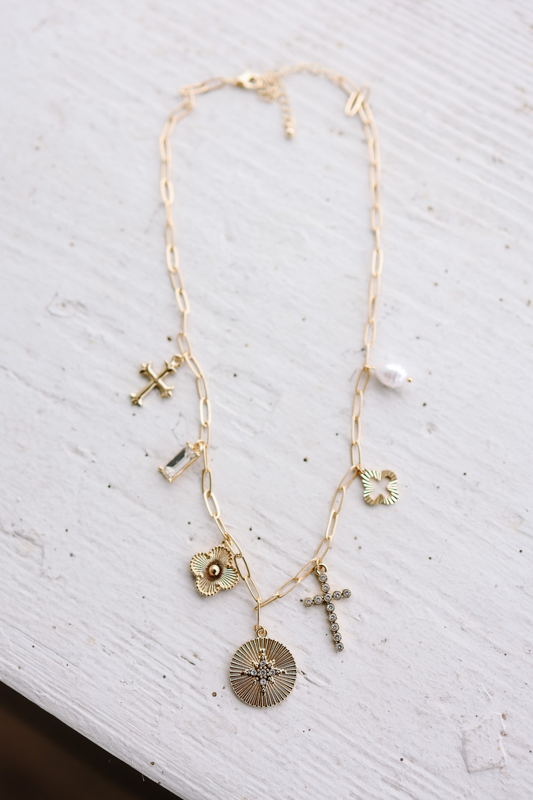 Emilya Cross, Clover, & Pearl Charm Necklace