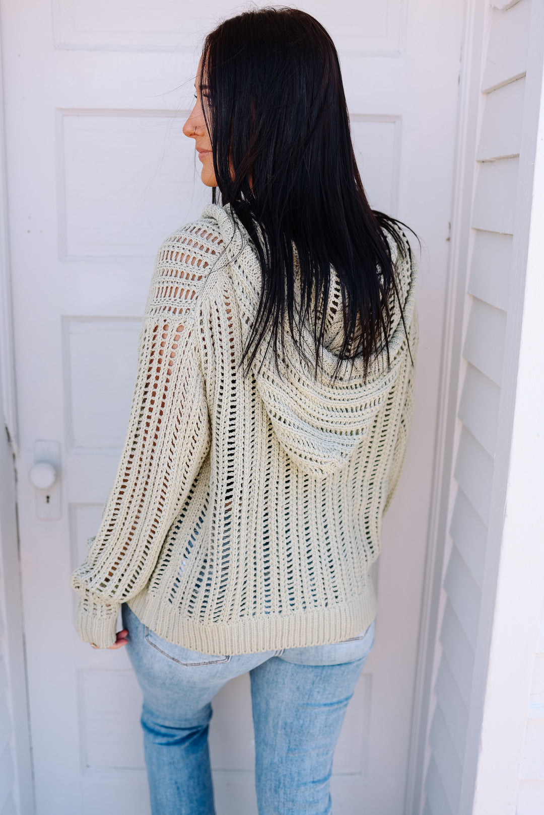 Tessa Open-Knit Hooded Sweater - Sage