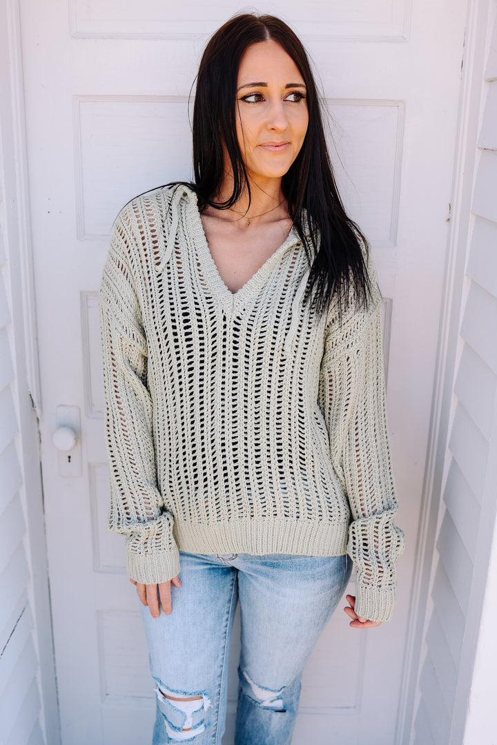 Tessa Open-Knit Hooded Sweater - Sage