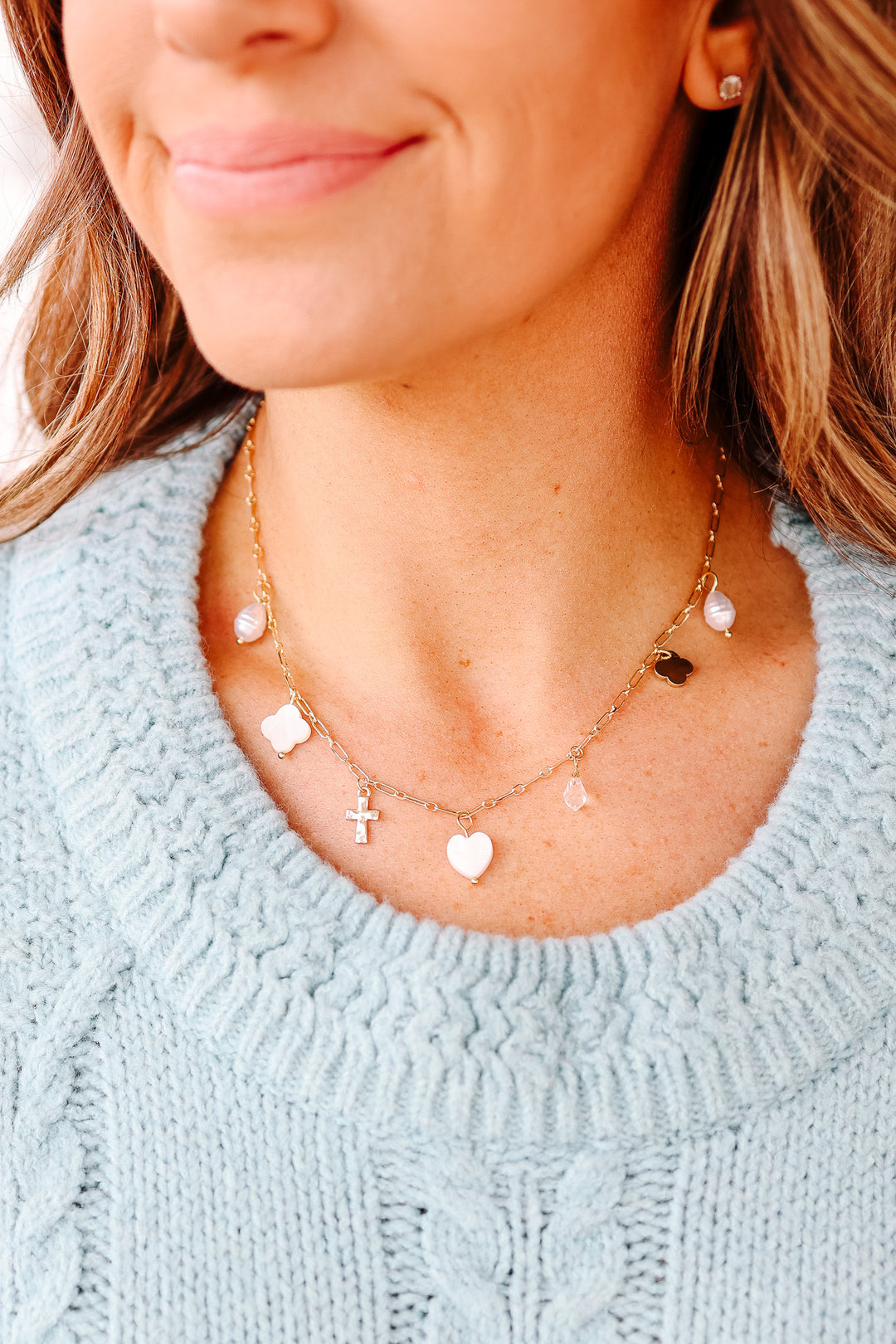 Gracie Pearl, Clover, & Heart Charm Necklace