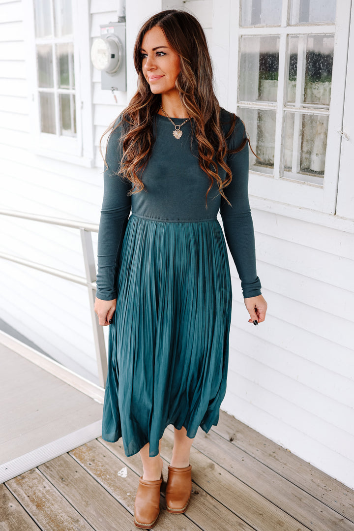 Madelyn Long Sleeve Pleated Dress - Winter Pine