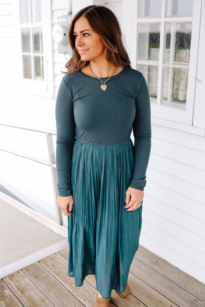 Madelyn Long Sleeve Pleated Dress - Winter Pine