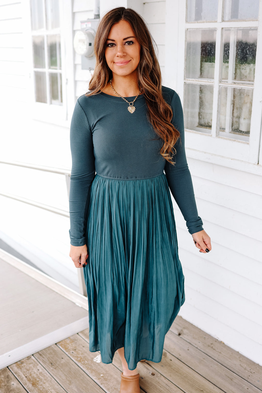 Madelyn Long Sleeve Pleated Dress - Winter Pine