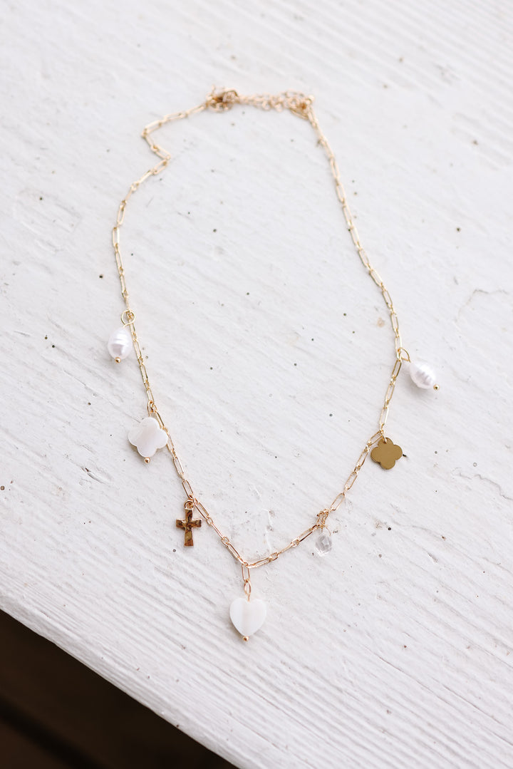 Gracie Pearl, Clover, & Heart Charm Necklace