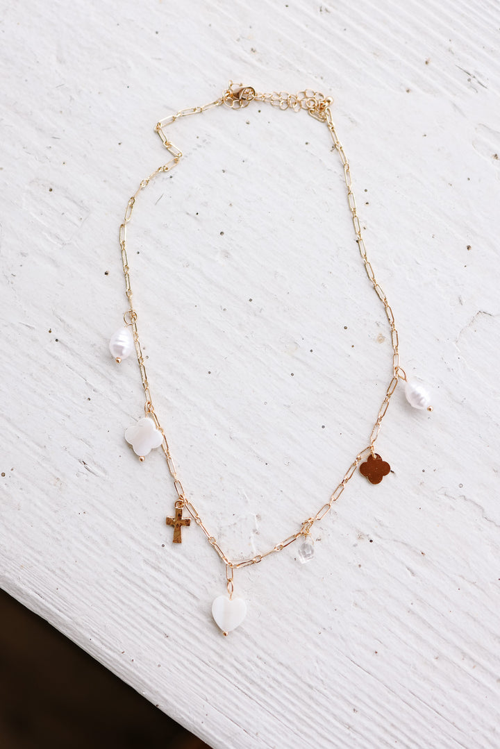 Gracie Pearl, Clover, & Heart Charm Necklace