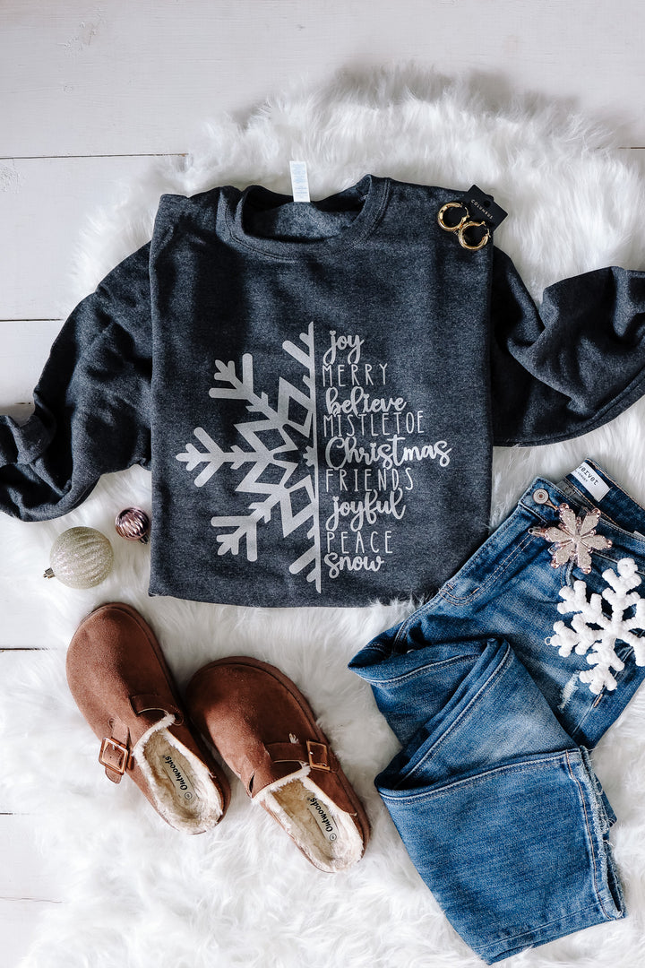 Silver Glitter Snowflake Crewneck Sweatshirt - Black Heather