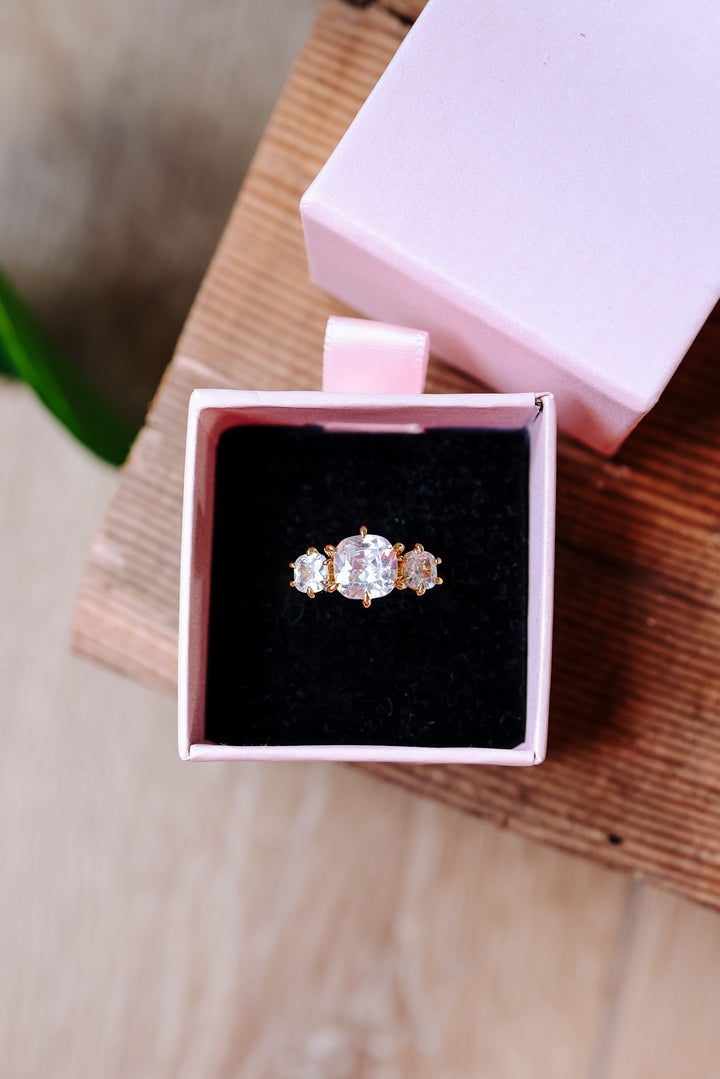 Deeply In Love 3-Stone Cushion Cut Sterling Gold Ring