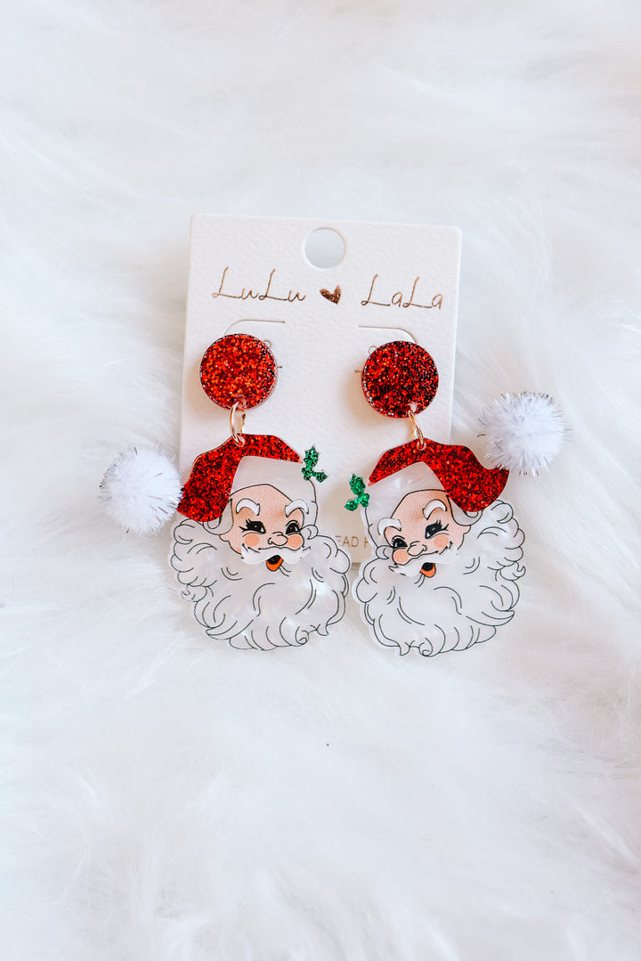 Glittered Pom Santa Dangle Earrings