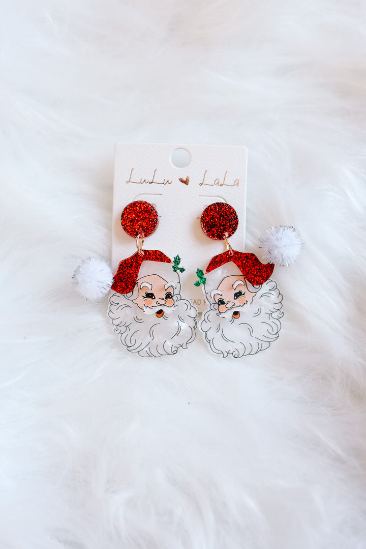 Glittered Pom Santa Dangle Earrings