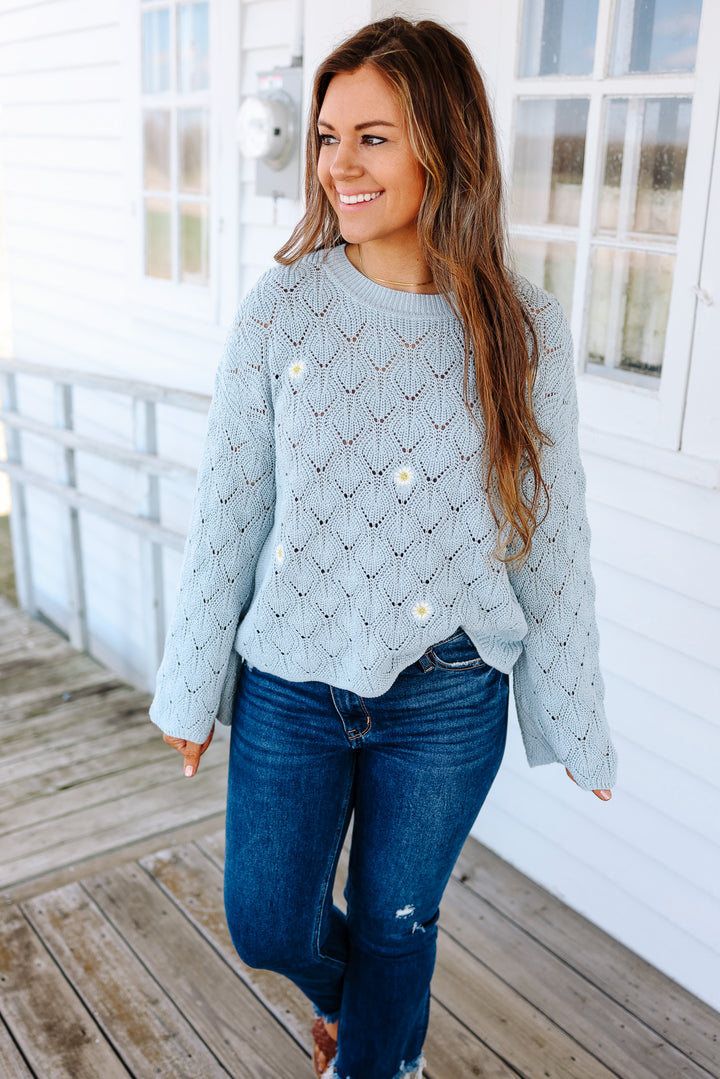 Daisy Embroidered Bell Sleeve Sweater - Sky