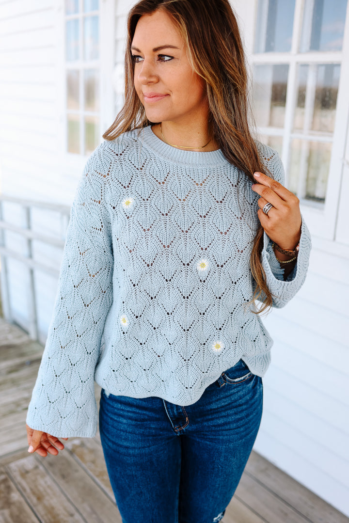 Daisy Embroidered Bell Sleeve Sweater - Sky