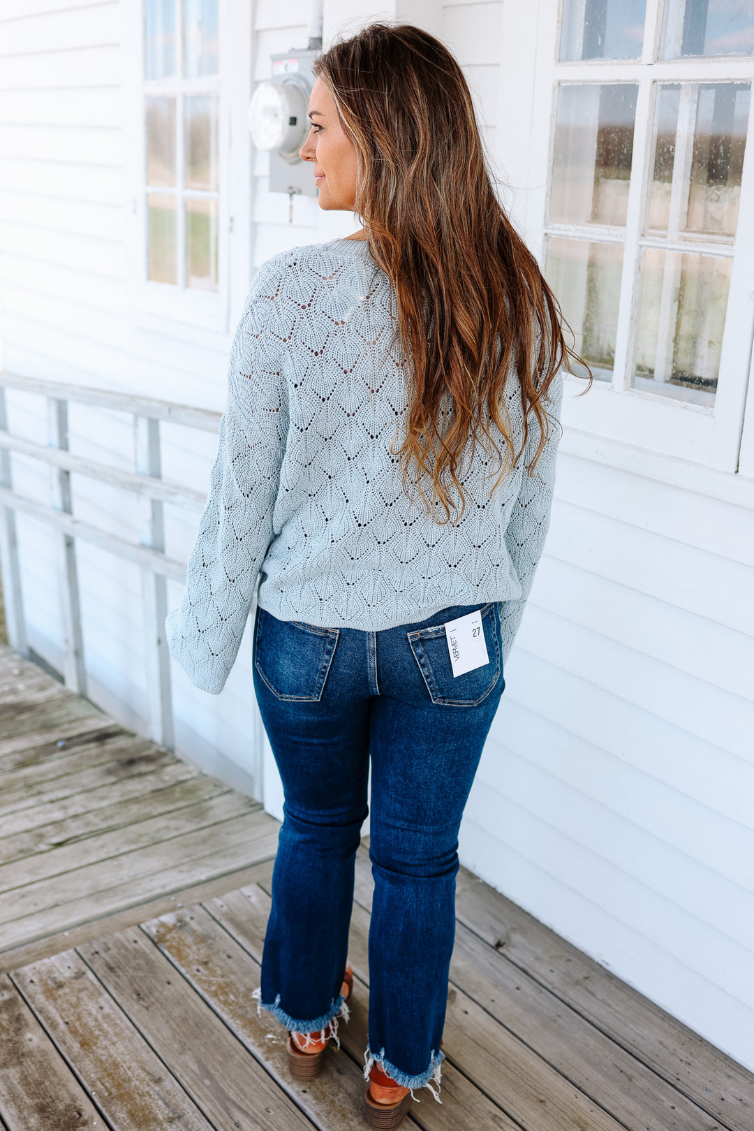 Daisy Embroidered Bell Sleeve Sweater - Sky