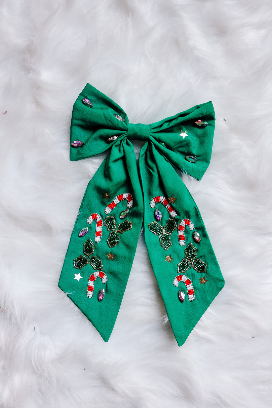 CANDY CANE BEAD HAIR BOW CLIP - GREEN