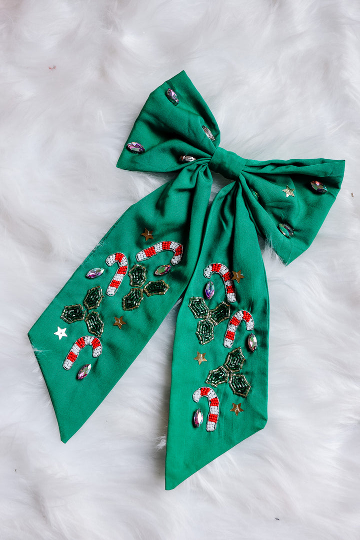 CANDY CANE BEAD HAIR BOW CLIP - GREEN