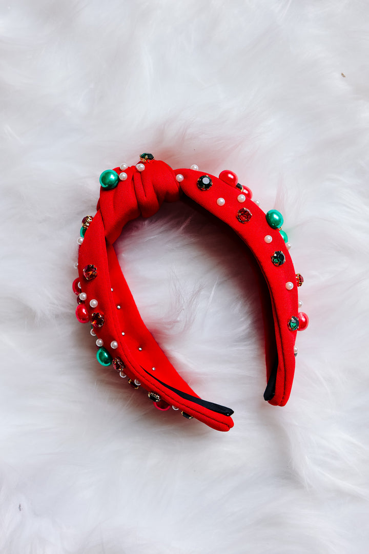 JINGLE BELL BEADED HEADBAND - RED