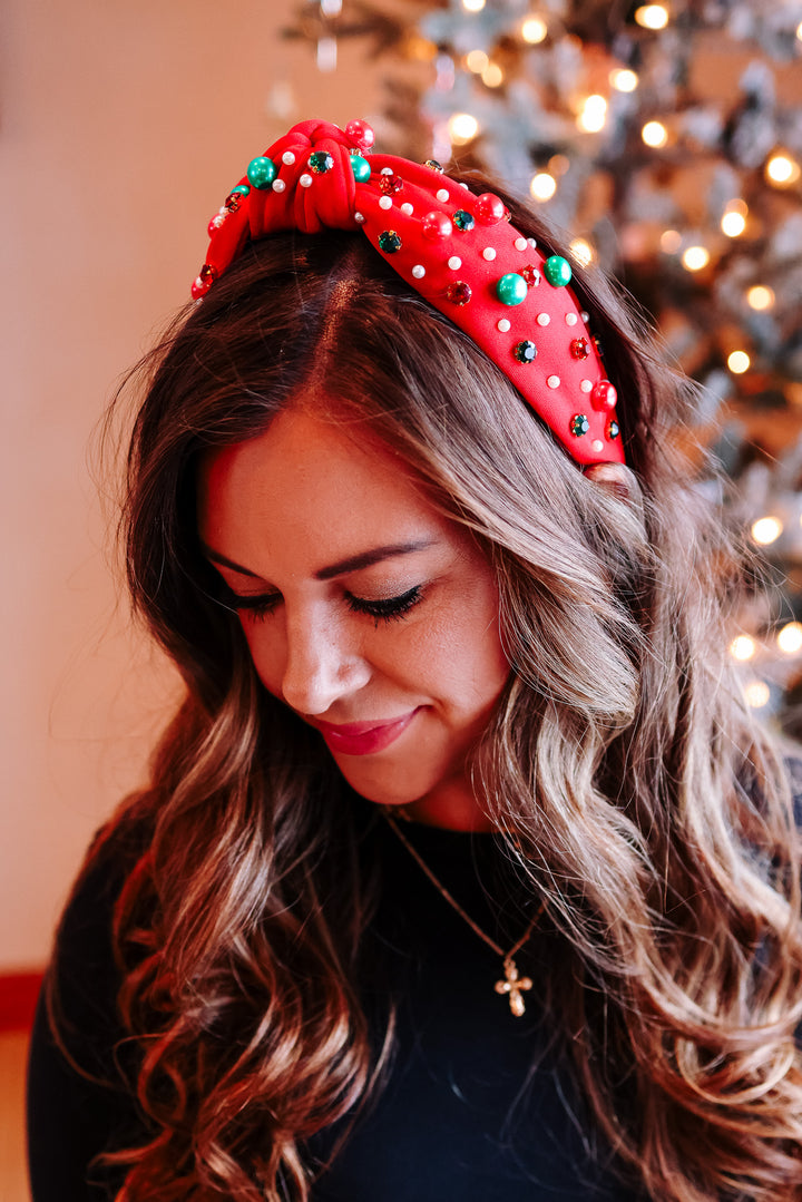 JINGLE BELL BEADED HEADBAND - RED