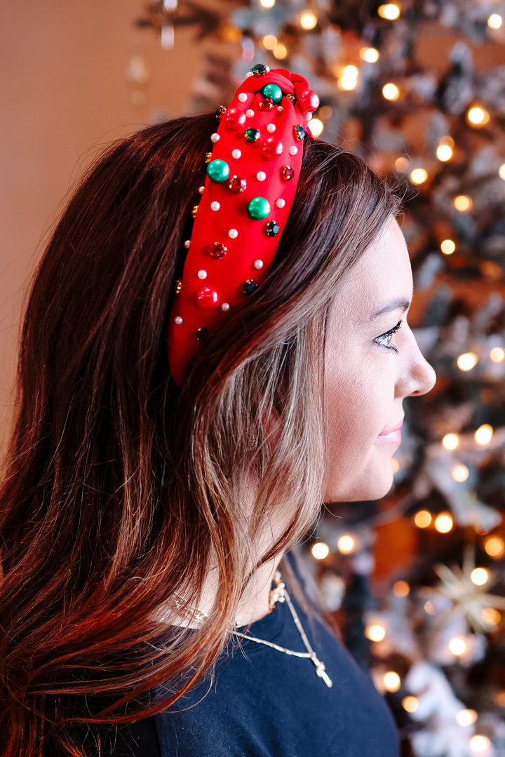 JINGLE BELL BEADED HEADBAND - RED