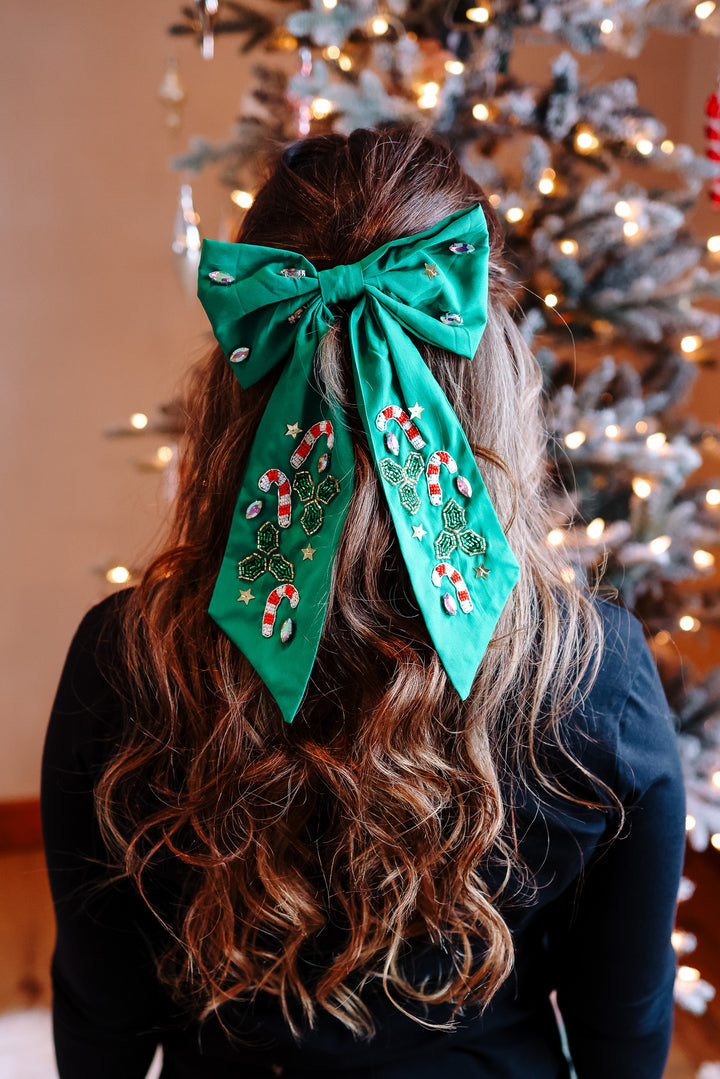 CANDY CANE BEAD HAIR BOW CLIP - GREEN