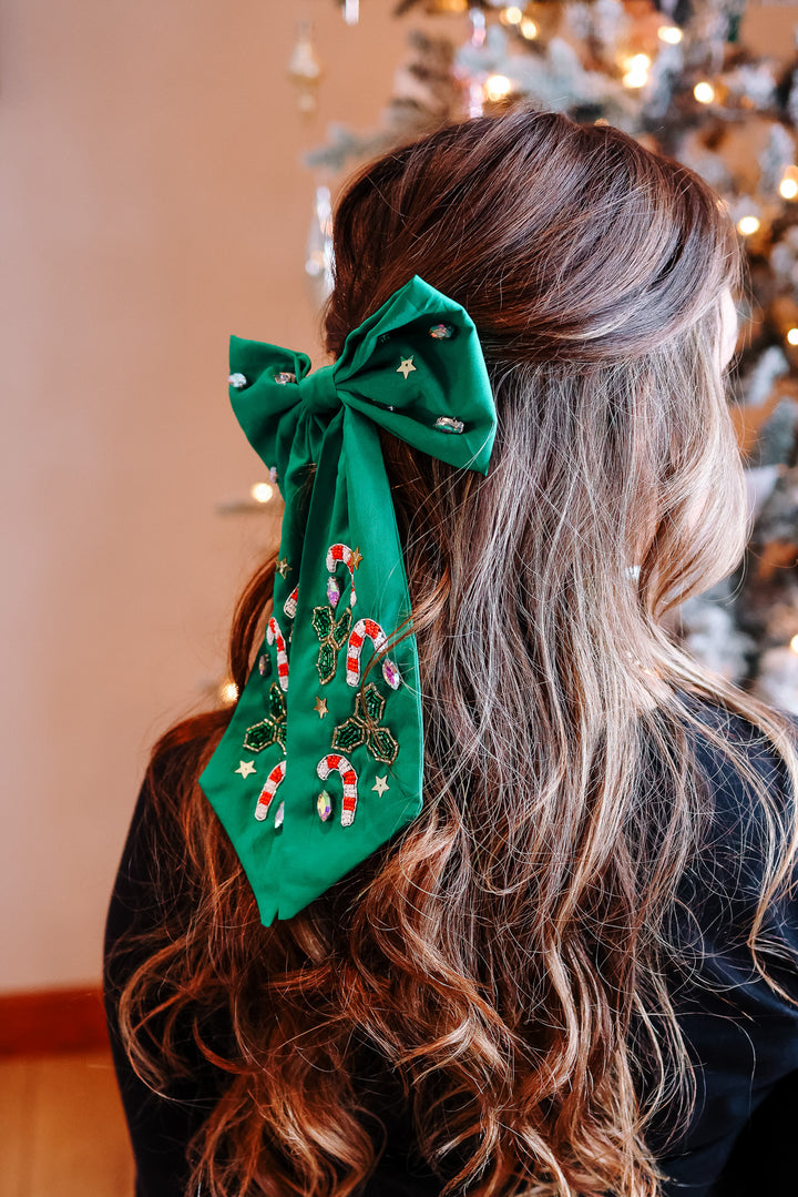 CANDY CANE BEAD HAIR BOW CLIP - GREEN