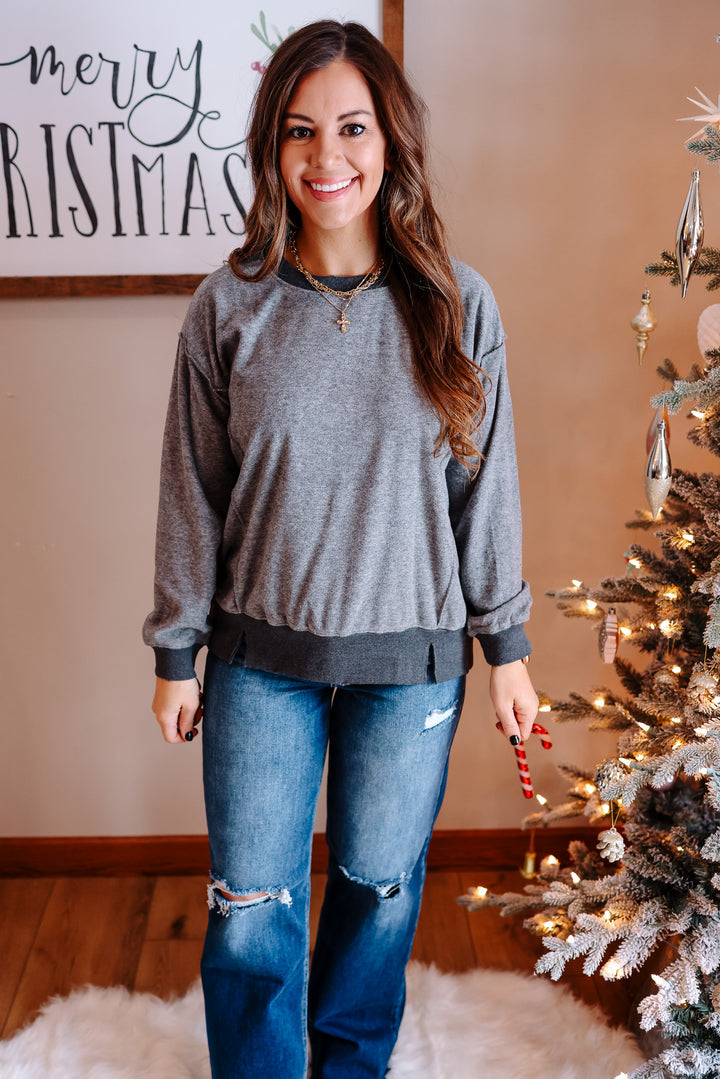 Luca Velour Slit Hem Sweatshirt - Charcoal