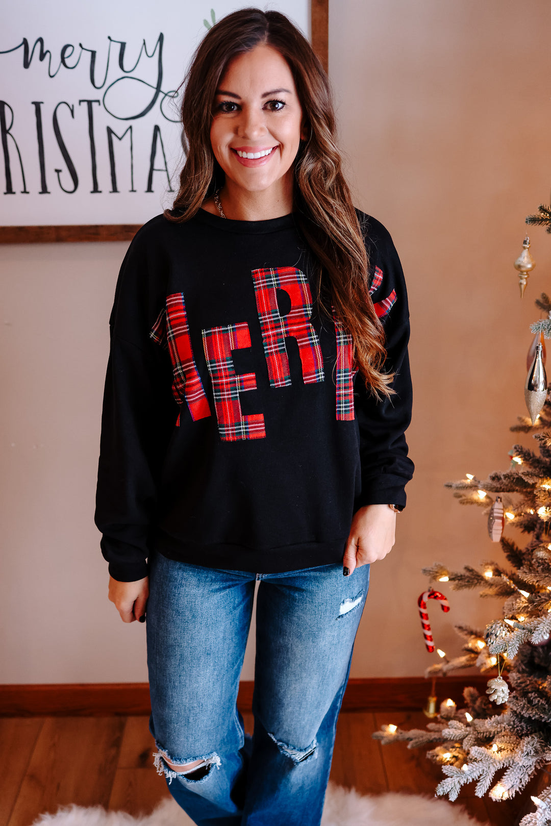 Merry Plaid Letter Pullover - Black