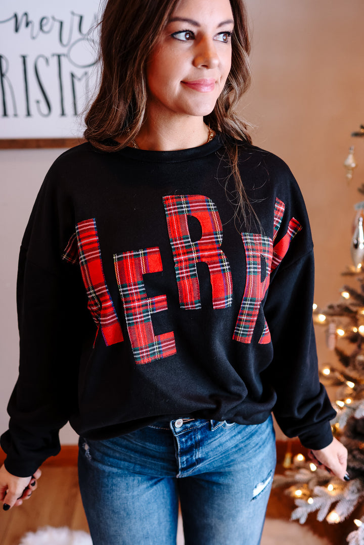 Merry Plaid Letter Pullover - Black