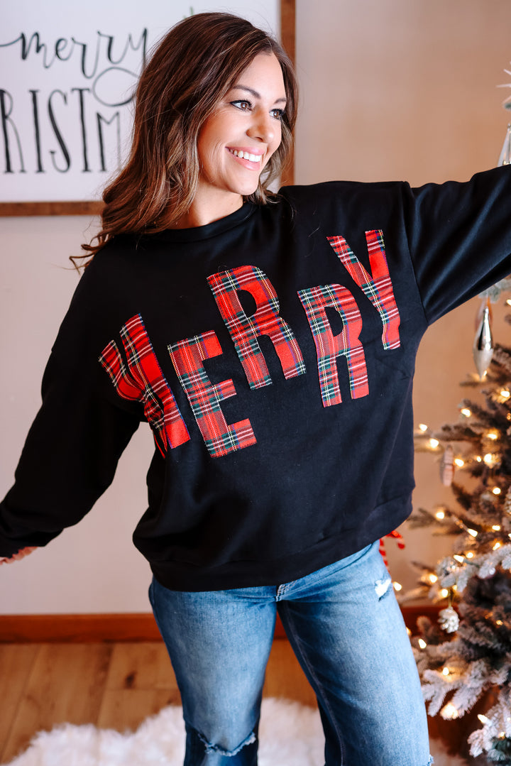 Merry Plaid Letter Pullover - Black