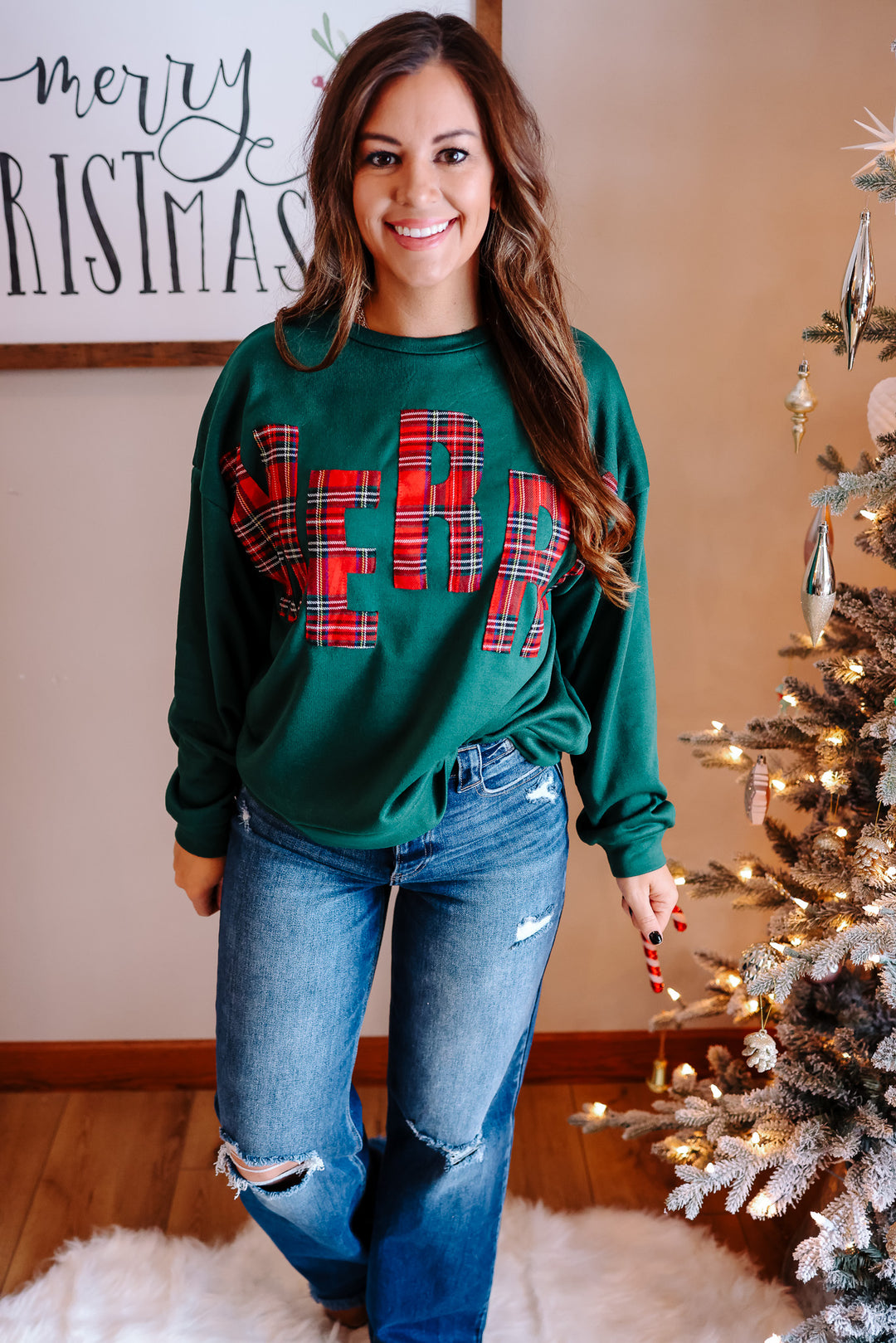 Merry Plaid Letter Pullover - Green