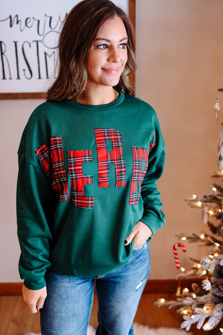 Merry Plaid Letter Pullover - Green