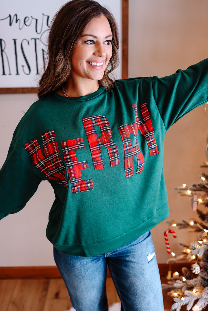 Merry Plaid Letter Pullover - Green