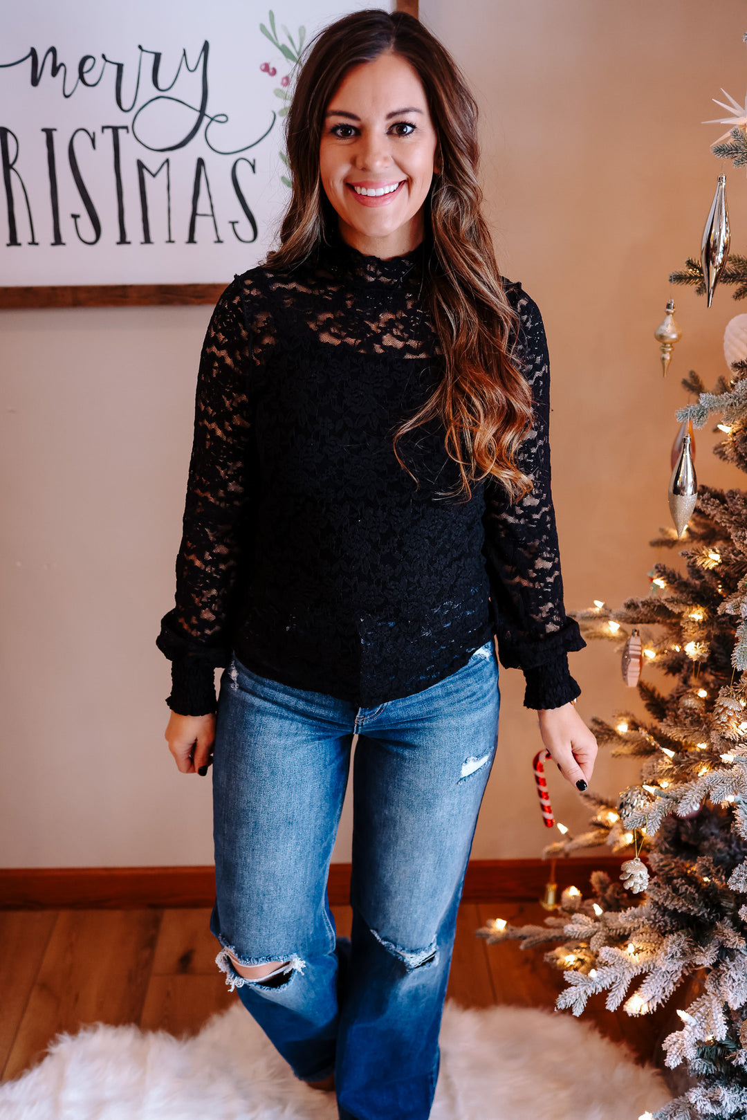 Rosa Lace Mock Neck Top - Black