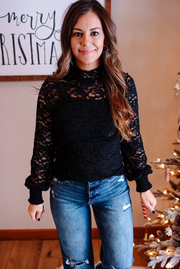 Rosa Lace Mock Neck Top - Black