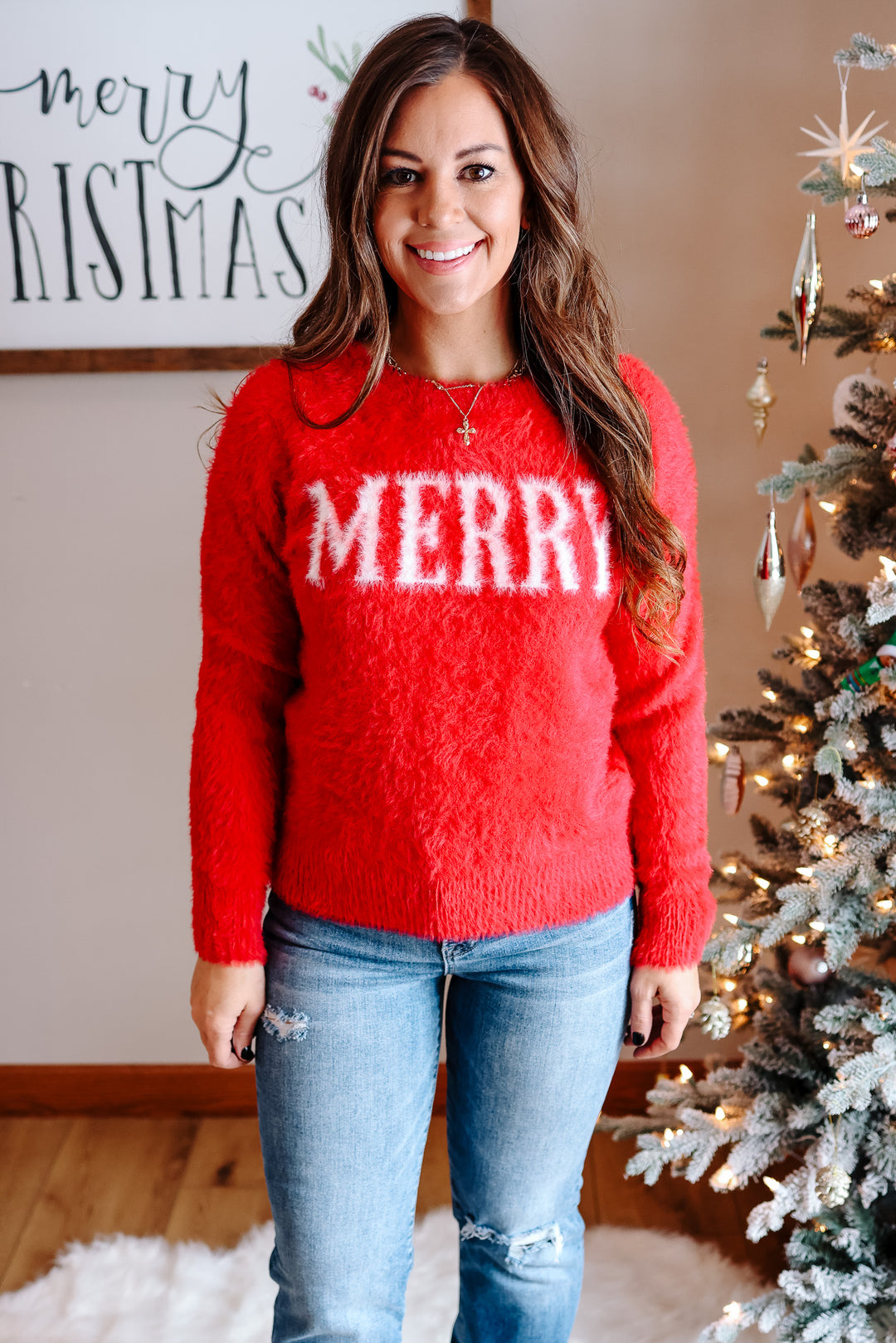 Merry Soft Fuzzy Sweater - Red