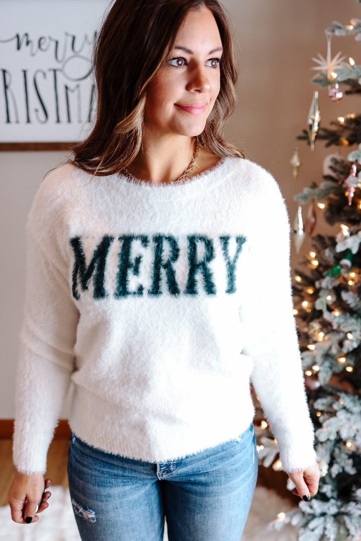 Merry Soft Fuzzy Sweater - White