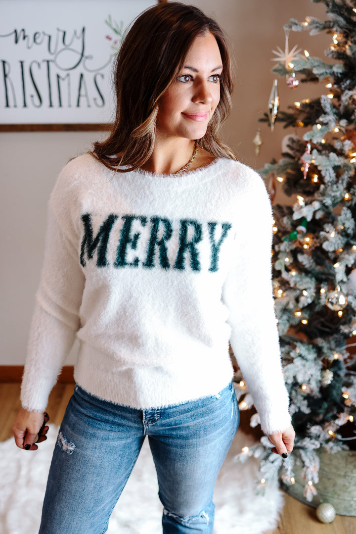 Merry Soft Fuzzy Sweater - White